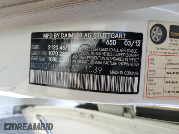 2012 Mercedes-Benz C 300 Sport with VIN WDDGF8BBXCA711039, listed as a Copart auction lot 61417975 with 131,692 mi miles and Salvage title. Bid and sale history available at DreamBid. Image 12.