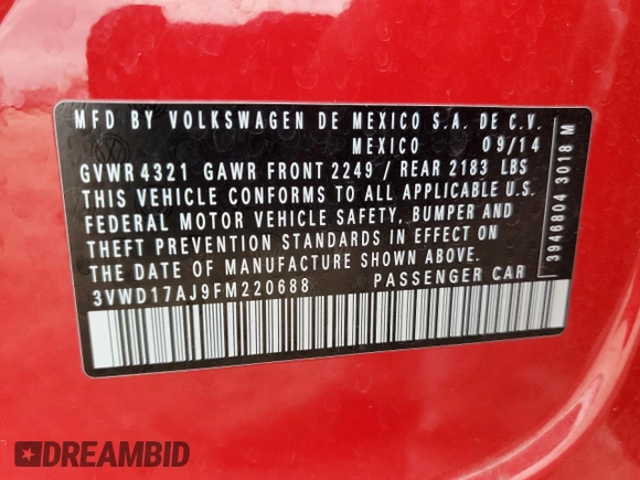 2015 Volkswagen Jetta SE with VIN 3VWD17AJ9FM220688, listed as a Copart auction lot 58270015 with 106,001 mi miles and Salvage title. Bid and sale history available at DreamBid. Image 12.