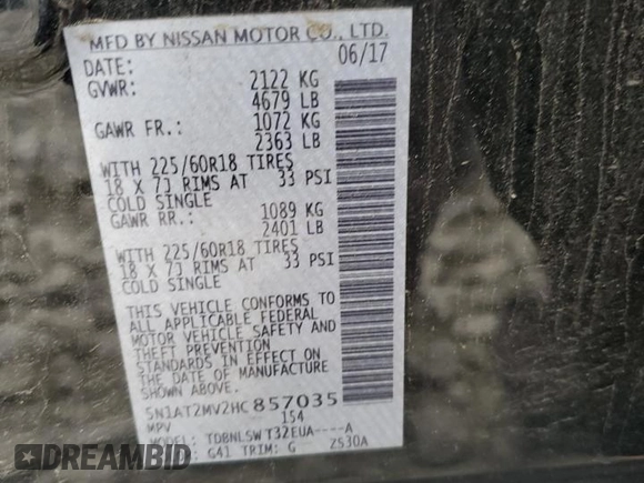 2017 Nissan Rogue SL with VIN 5N1AT2MV2HC857035, listed as a Copart auction lot 62498895 with 88,385 mi miles and Salvage title. Bid and sale history available at DreamBid. Image 13.