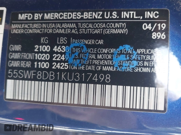 2019 Mercedes-Benz C 300 with VIN 55SWF8DB1KU317498, listed as a IAAI auction lot 41681264 with Not provided miles and . Bid and sale history available at DreamBid. Image 9.