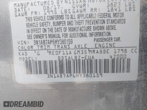 2017 Nissan Sentra SV with VIN 3N1AB7AP6HY380159, listed as a IAAI auction lot 42072355 with 123,770 mi miles and . Bid and sale history available at DreamBid. Image 9.