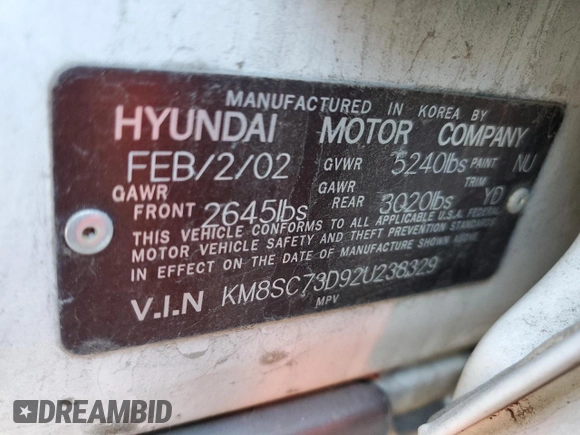 2002 Hyundai Santa Fe GLS with VIN KM8SC73D92U238329, listed as a Copart auction lot 85216264 with 107,371 mi miles and Salvage Title. Bid and sale history available at carsss.com. Image 13.