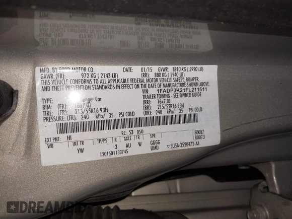 2015 Ford Focus SE with VIN 1FADP3K21FL211511, listed as a IAAI auction lot 42153828 with 126,111 mi miles. Bid and sale history available at carsss.com. Image 9.