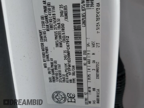 2021 Ford F-150 XL with VIN 1FTFW1ED9MFC67912, listed as a Copart auction lot 61664075 with 58,999 mi miles and Salvage title. Bid and sale history available at DreamBid. Image 12.