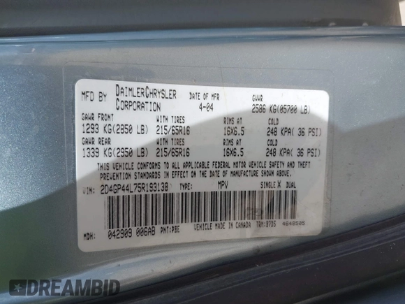 2005 Dodge Caravan SXT with VIN 2D4GP44L75R193138, listed as a IAAI auction lot 42073429 with 206,915 mi miles and . Bid and sale history available at DreamBid. Image 9.