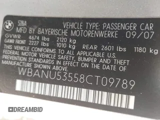 2008 BMW 5 Series 528i with VIN WBANU53558CT09789, listed as a IAAI auction lot 42073248 with 125,416 mi miles and . Bid and sale history available at carsss.com. Image 9.