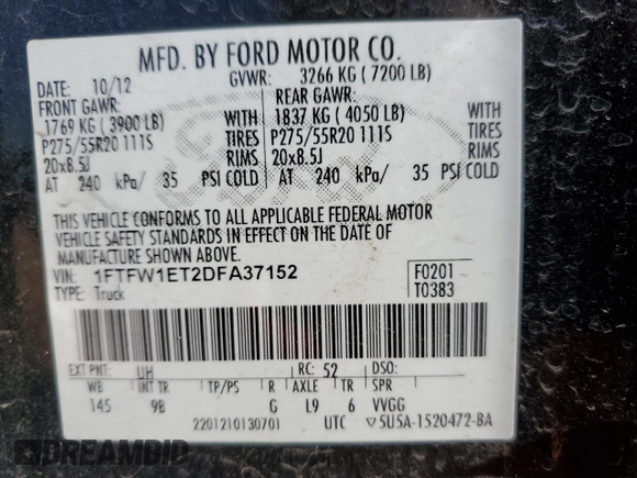 2013 Ford F-150 XL with VIN 1FTFW1ET2DFA37152, listed as a Copart auction lot 43665905 with 215,479 mi miles and Salvage Title. Bid and sale history available at carsss.com. Image 14.