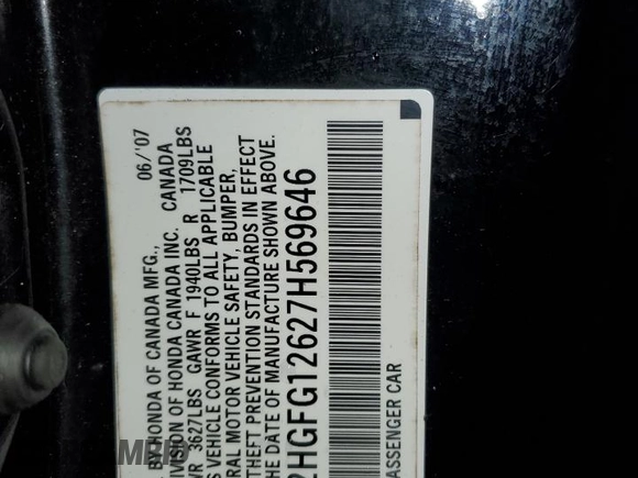2007 Honda Civic Cpe LX with VIN 2HGFG12627H569646, listed as a Copart auction lot 52175205 with 167,842 mi miles and Salvage Title. Bid and sale history available at carsss.com. Image 12.