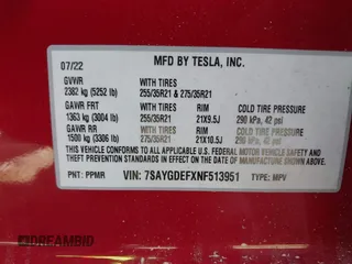2022 Tesla Model Y Performance with VIN 7SAYGDEFXNF513951, listed as a IAAI auction lot 41986001 with 37,225 mi miles and . Bid and sale history available at DreamBid. Image 9.