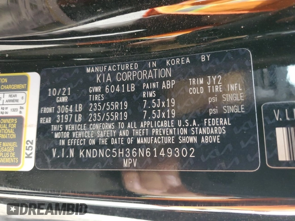 2022 Kia Carnival EX with VIN KNDNC5H36N6149302, listed as a Copart auction lot 84716604 with 32,108 mi miles and Salvage Title. Bid and sale history available at carsss.com. Image 13.