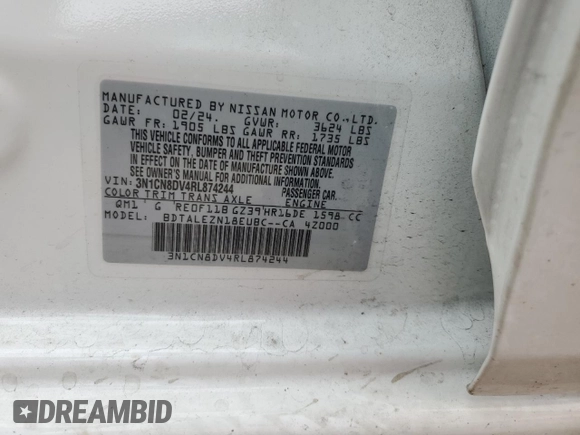 2024 Nissan Versa S with VIN 3N1CN8DV4RL874244, listed as a Copart auction lot 67565994 with 6,761 mi miles and Salvage Title. Bid and sale history available at DreamBid. Image 14.