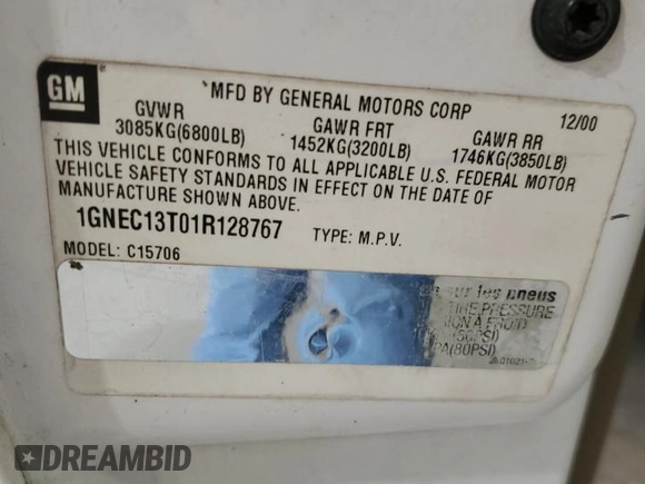 2001 Chevrolet Tahoe LT with VIN 1GNEC13T01R128767, listed as a Copart auction lot 71545634 with 307,271 mi miles and Salvage Title. Bid and sale history available at carsss.com. Image 13.