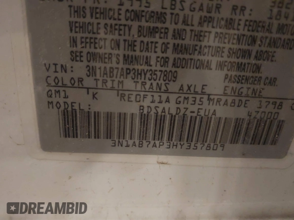 2017 Nissan Sentra SV with VIN 3N1AB7AP3HY357809, listed as a IAAI auction lot 41868646 with Not Provided miles and . Bid and sale history available at DreamBid. Image 9.
