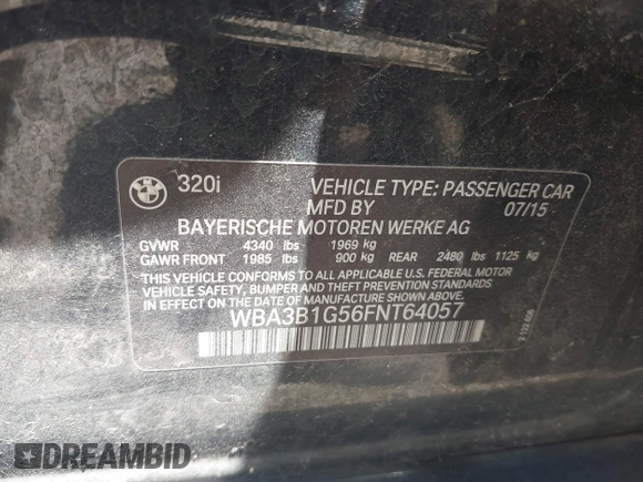 2015 BMW 3 Series 320i with VIN WBA3B1G56FNT64057, listed as a IAAI auction lot 42660225 with 119,783 mi miles and . Bid and sale history available at DreamBid. Image 9.