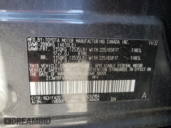 2023 Toyota RAV4 XLE with VIN 2T3W1RFV4PW240656, listed as a Copart auction lot 47028755 with 26,742 mi miles and Salvage Title. Bid and sale history available at carsss.com. Image 14.