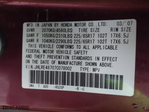 2007 Honda CR-V EX-L with VIN JHLRE48707C078002, listed as a IAAI auction lot 41717954 with 325,257 mi miles. Bid and sale history available at carsss.com. Image 9.