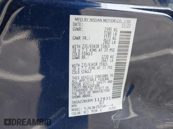 2023 Nissan Murano SV with VIN 5N1AZ2BS8PC112831, listed as a IAAI auction lot 42083553 with 48,834 mi miles and . Bid and sale history available at DreamBid. Image 9.