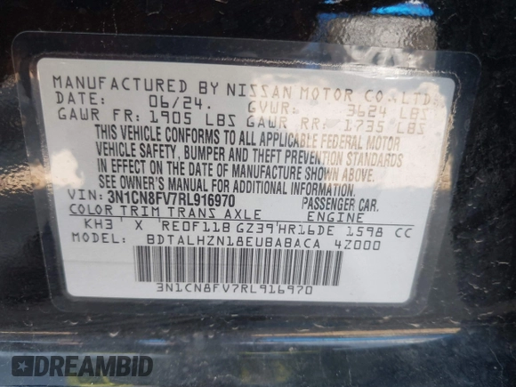 2024 Nissan Versa SR z VIN 3N1CN8FV7RL916970, wystawiony jako IAAI lot #42451275 z przebiegiem 22 324 mil mil oraz . Historia ofert i sprzedaży dostępna na DreamBid. Obrazek 9.