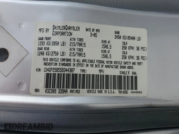 2005 Dodge Caravan SE with VIN 1D4GP25B55B344387, listed as a Copart auction lot 51122075 with 206,971 mi miles and Salvage title. Bid and sale history available at DreamBid. Image 15.