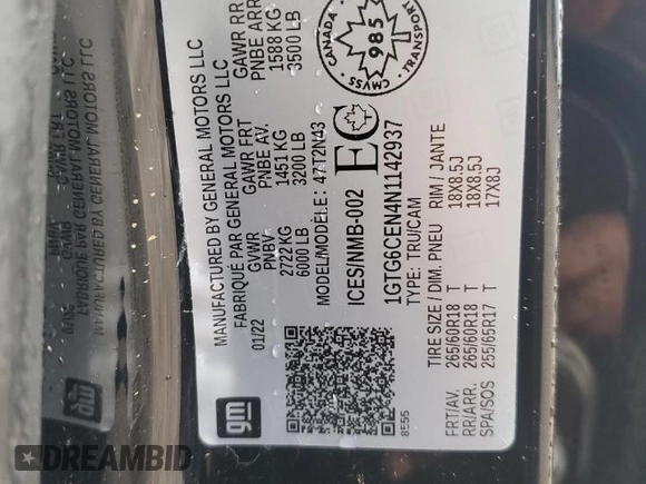 2022 GMC Canyon 4WD Elevation с VIN 1GTG6CEN4N1142937, выставлен на аукционе Copart как лот 54851285 с пробегом 46 935 миль миль и Списание • Salvage title. История ставок и продаж доступна на DreamBid. Изображение 13.
