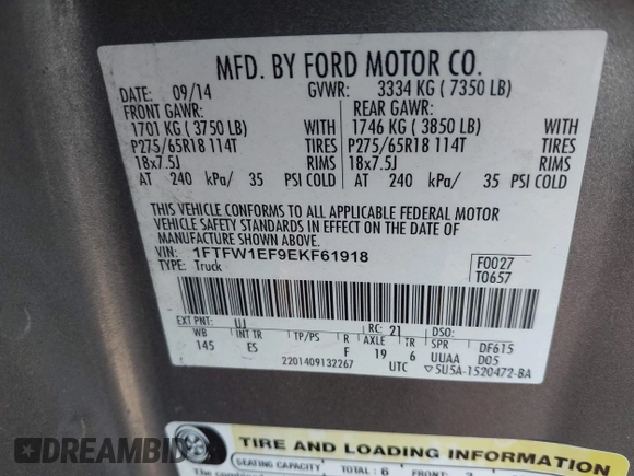 2014 Ford F-150 XL with VIN 1FTFW1EF9EKF61918, listed as a IAAI auction lot 41864650 with 217,839 mi miles. Bid and sale history available at carsss.com. Image 9.