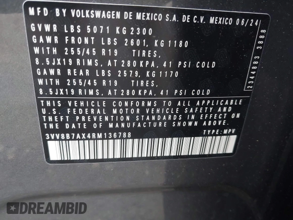 2024 Volkswagen Tiguan SE R-Line Black с VIN 3VV8B7AX4RM136788, выставлен на аукционе IAAI как лот 42246926 с пробегом 5 342 миль миль и . История ставок и продаж доступна на DreamBid. Изображение 9.