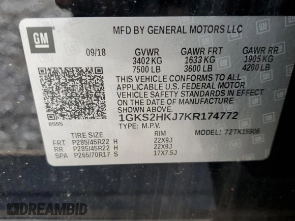 2019 GMC Yukon XL Denali with VIN 1GKS2HKJ7KR174772, listed as a Copart auction lot 63087134 with 69,692 mi miles and Salvage Title. Bid and sale history available at carsss.com. Image 13.