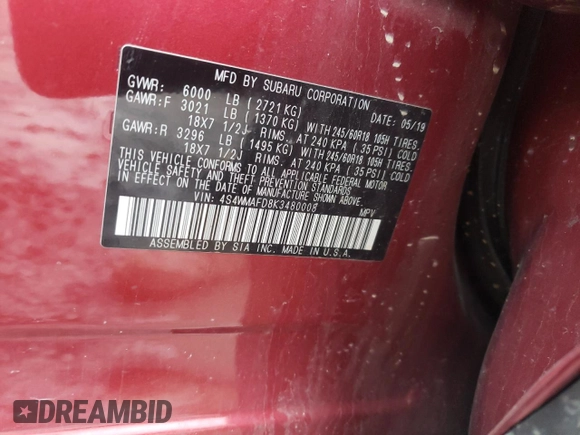 2019 Subaru Ascent Premium with VIN 4S4WMAFD8K3480008, listed as a Copart auction lot 52114805 with 113,097 mi miles and Salvage title. Bid and sale history available at DreamBid. Image 15.