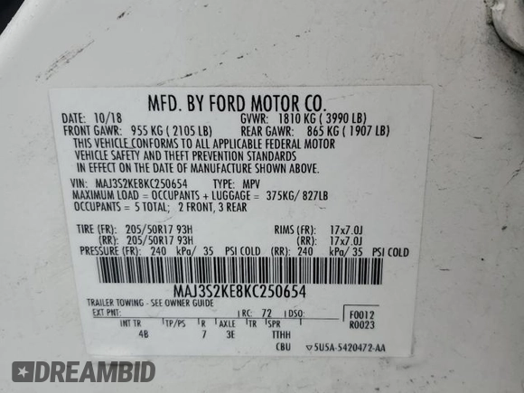 2019 Ford EcoSport Titanium with VIN MAJ3S2KE8KC250654, listed as a Copart auction lot 49431115 with 55,775 mi miles and Salvage Title. Bid and sale history available at DreamBid. Image 13.