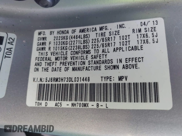 2013 Honda CR-V EX-L with VIN 5J6RM3H73DL031448, listed as a IAAI auction lot 42058218 with 132,137 mi miles and . Bid and sale history available at DreamBid. Image 9.