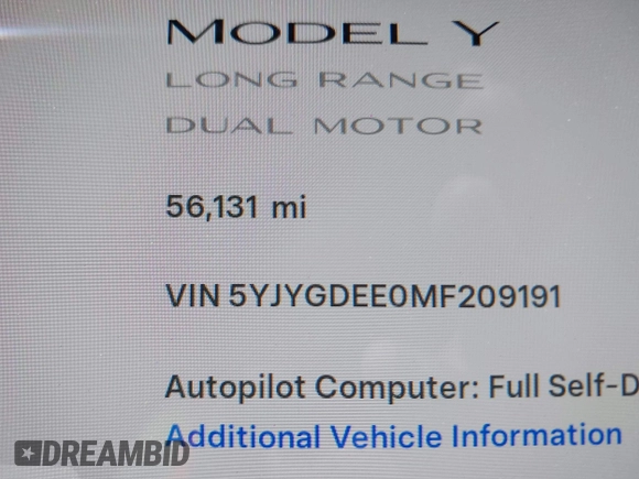 2021 Tesla Model Y Long Range with VIN 5YJYGDEE0MF209191, listed as a IAAI auction lot 41937507 with 56,131 mi miles. Bid and sale history available at carsss.com. Image 14.