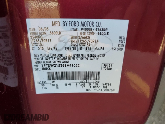 2006 Ford F-250 XL with VIN 1FTSW21536EA41022, listed as a Copart auction lot 62301375 with 122,922 mi miles and Salvage title. Bid and sale history available at DreamBid. Image 12.