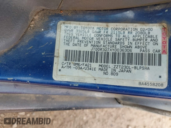 2000 Toyota Celica GT with VIN JTDDR32TXY0036306, listed as a IAAI auction lot 42094202 with 180,642 mi miles and . Bid and sale history available at DreamBid. Image 9.