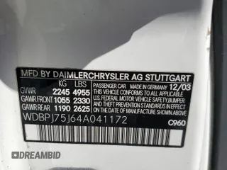 2004 Mercedes-Benz CL with VIN WDBPJ75J64A041172, listed as a Copart auction lot 52447335 with 89,388 mi miles and Salvage Title. Bid and sale history available at carsss.com. Image 12.