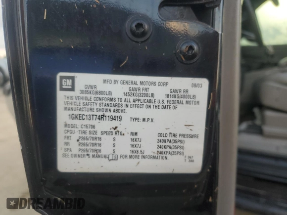 2004 GMC Yukon SLT with VIN 1GKEC13T74R119419, listed as a Copart auction lot 74014864 with 0 mi miles and Salvage Title. Bid and sale history available at carsss.com. Image 13.