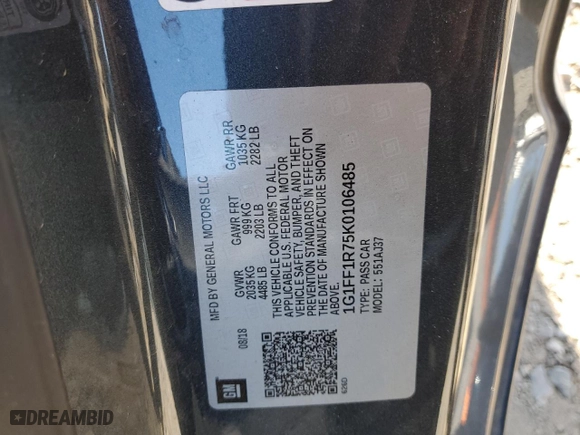 2019 Chevrolet Camaro 1SS with VIN 1G1FF1R75K0106485, listed as a Copart auction lot 81050454 with 75,551 mi miles and Salvage Title. Bid and sale history available at carsss.com. Image 12.