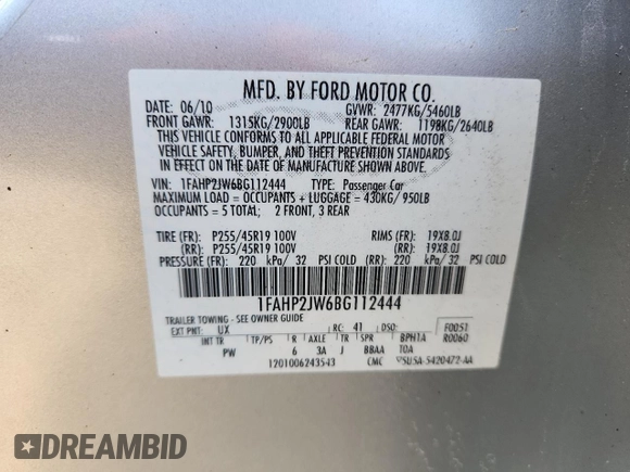2011 Ford Taurus Limited with VIN 1FAHP2JW6BG112444, listed as a Copart auction lot 62793815 with 183,777 mi miles and Non repairable. Bid and sale history available at DreamBid. Image 12.