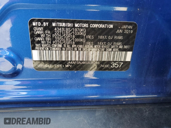 2019 Mitsubishi Outlander ES with VIN JA4AP3AU4KU034256, listed as a Copart auction lot 56124925 with 38,377 mi miles and Clean title. Bid and sale history available at DreamBid. Image 13.