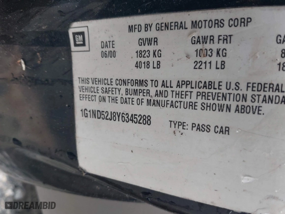 2000 Chevrolet Malibu with VIN 1G1ND52J8Y6345288, listed as a IAAI auction lot 41765786 with 212,921 mi miles. Bid and sale history available at carsss.com. Image 9.