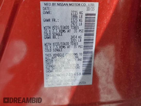 2015 Nissan Pathfinder Platinum with VIN 5N1AR2MN3FC715658, listed as a Copart auction lot 47620925 with 94,097 mi miles and Salvage Title. Bid and sale history available at DreamBid. Image 15.