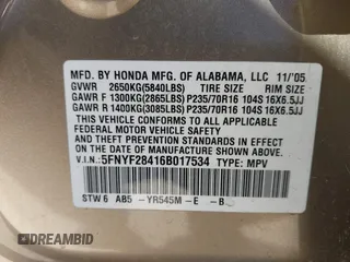 2006 Honda Pilot EX with VIN 5FNYF28416B017534, listed as a IAAI auction lot 41656789 with 241,343 mi miles and . Bid and sale history available at DreamBid. Image 9.