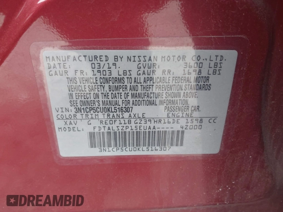 2019 Nissan Kicks SR with VIN 3N1CP5CU0KL516307, listed as a IAAI auction lot 41554064 with 104,224 mi miles. Bid and sale history available at carsss.com. Image 9.