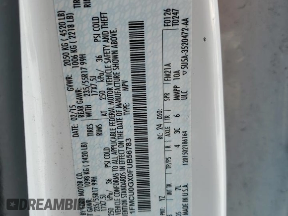 2015 Ford Escape SE with VIN 1FMCU0GX0FUB56783, listed as a Copart auction lot 55876095 with Not Provided miles and Clean Title. Bid and sale history available at DreamBid. Image 13.