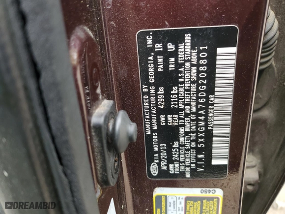 2013 Kia Optima LX with VIN 5XXGM4A76DG208801, listed as a Copart auction lot 51605935 with 188,226 mi miles and Salvage Title. Bid and sale history available at carsss.com. Image 12.
