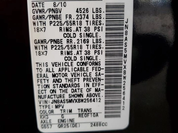 2011 Nissan Rogue SV with VIN JN8AS5MVXBW256412, listed as a Copart auction lot 74438614 with 127,835 mi miles and Salvage Title. Bid and sale history available at carsss.com. Image 12.