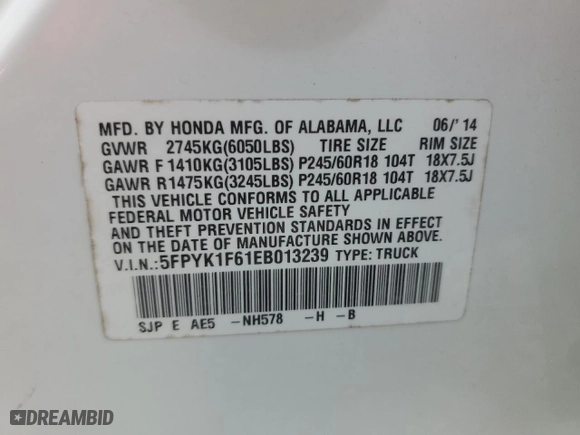 2014 Honda Ridgeline SE with VIN 5FPYK1F61EB013239, listed as a Copart auction lot 72755774 with 133,114 mi miles and Salvage Title. Bid and sale history available at carsss.com. Image 13.