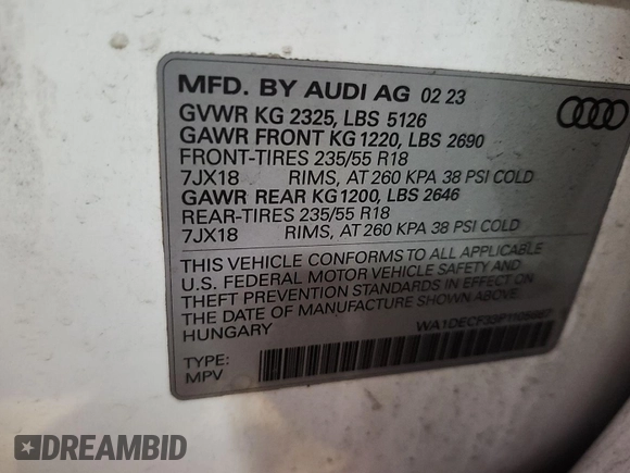 2023 Audi Q3 S line Premium with VIN WA1DECF33P1105667, listed as a IAAI auction lot 42731224 with 48,717 mi miles and . Bid and sale history available at DreamBid. Image 15.