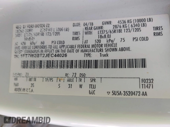 2018 Ford F-250 XL with VIN 1FT7W2BT2JEC44026, listed as a IAAI auction lot 42420391 with 178,970 mi miles and . Bid and sale history available at DreamBid. Image 9.