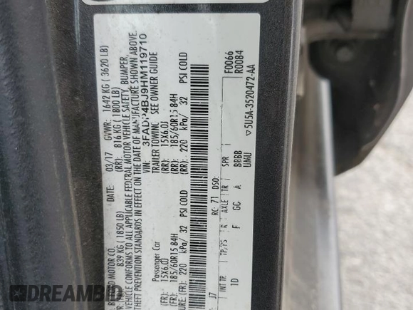 2017 Ford Fiesta SE z VIN 3FADP4BJ9HM119710, wystawiony jako Copart lot #57403605 z przebiegiem Nie podano mil oraz Czysty tytuł • Clean title. Historia ofert i sprzedaży dostępna na DreamBid. Obrazek 12.