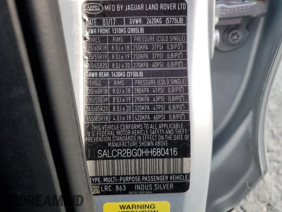 2017 Land Rover Discovery Sport HSE z VIN SALCR2BG0HH680416, wystawiony jako Copart lot #82531563 z przebiegiem 67 267 mil mil oraz Szkoda całkowita • Salvage title. Historia ofert i sprzedaży dostępna na DreamBid. Obrazek 13.